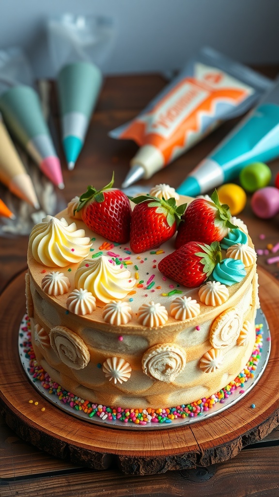 A colorful cookie cake decorated with buttercream frosting, sprinkles, and fresh fruit on a wooden table.